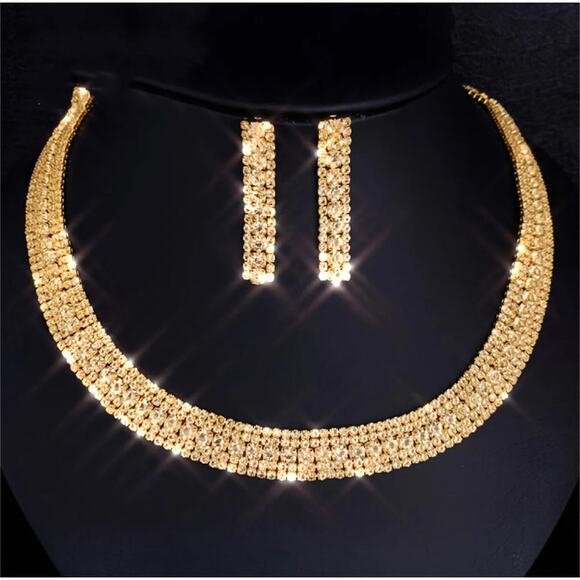 Pierced gold and clear stone 1/2" wide choker necklace and earring set - Picture 2 of 4